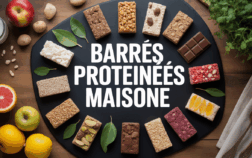barres proteinees maison colorées et garnies sur bois