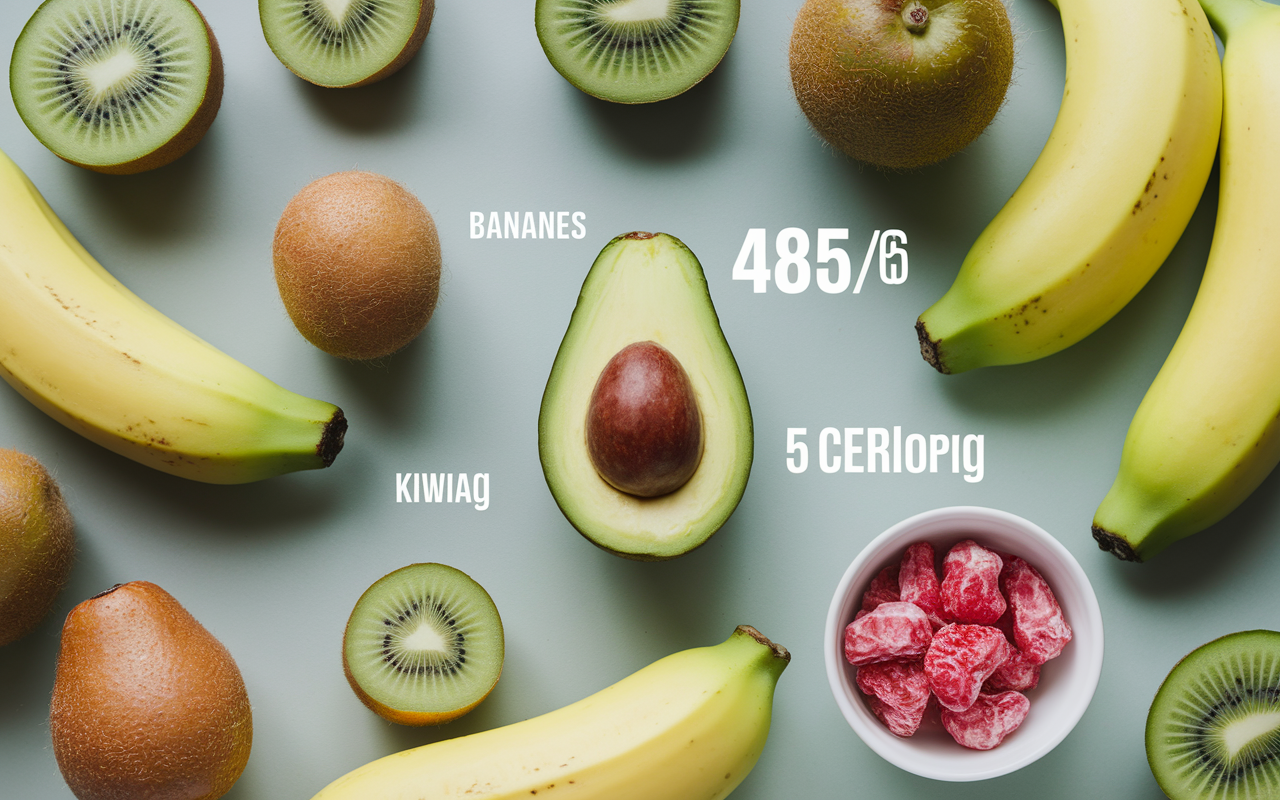 Tableau comparatif des fruits riches en potassium avec avocat mis en avant, chiffres visibles