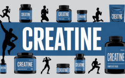 illustration pots sachets creatine sportifs fond bleu gris