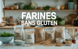 sacs et bols de farines sans gluten sur plan de travail lumineux