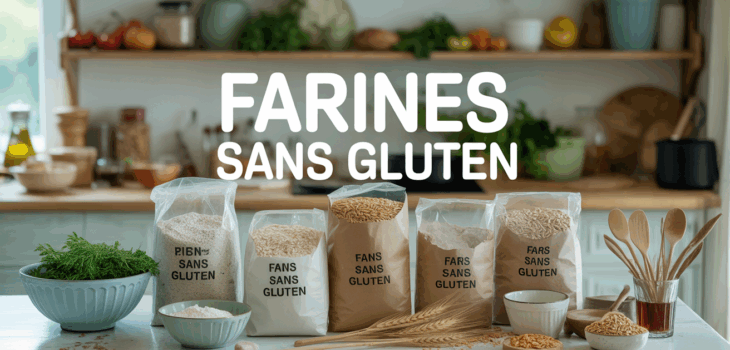 sacs et bols de farines sans gluten sur plan de travail lumineux