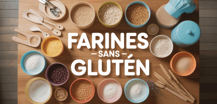 Bol de différentes farines sans gluten sur table en bois