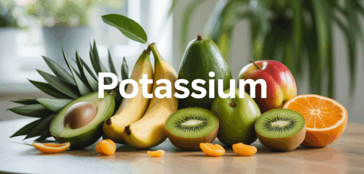 Fruits riches en potassium présentés sur une table familiale, lumière naturelle, ambiance conviviale