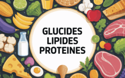 grande assiette ronde avec familles aliments et texte glucides lipides proteines