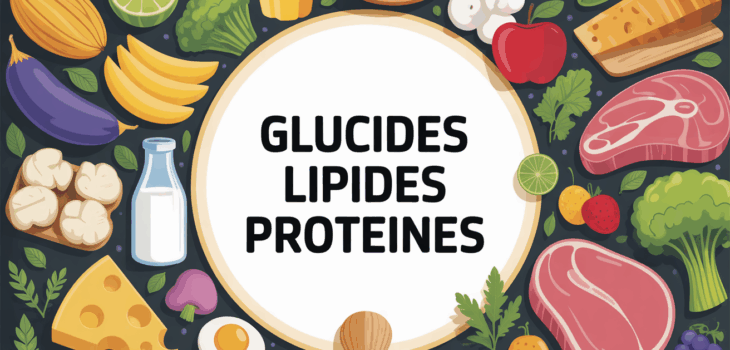 grande assiette ronde avec familles aliments et texte glucides lipides proteines