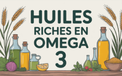 Table avec huiles végétales riches en oméga 3, graines et plantes