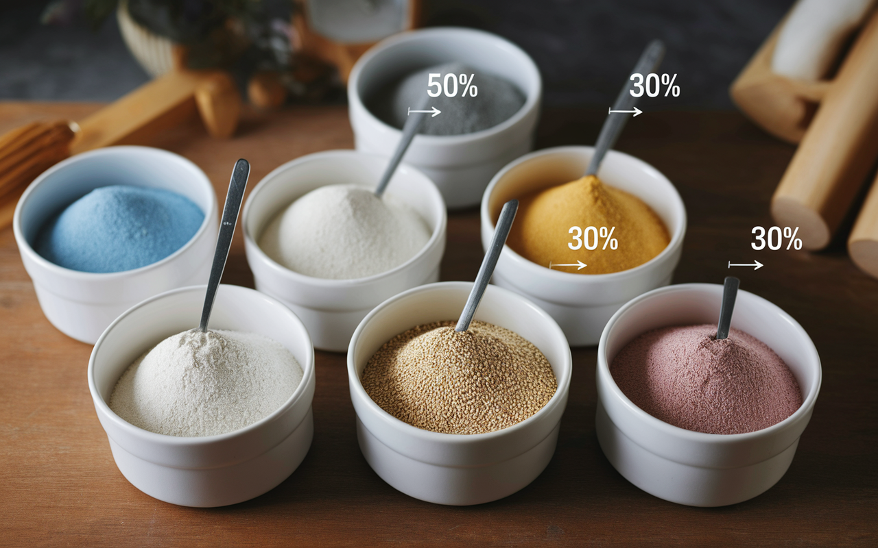 Bols avec mélanges de farines sans gluten et pourcentages