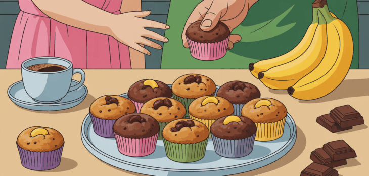Assiette muffins banane chocolat healthy, ambiance familiale