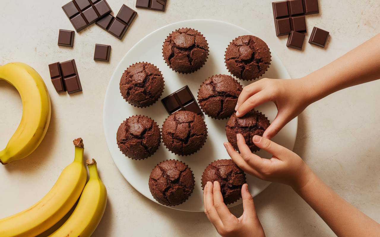 Muffins banane chocolat healthy sur plateau, goûter enfants