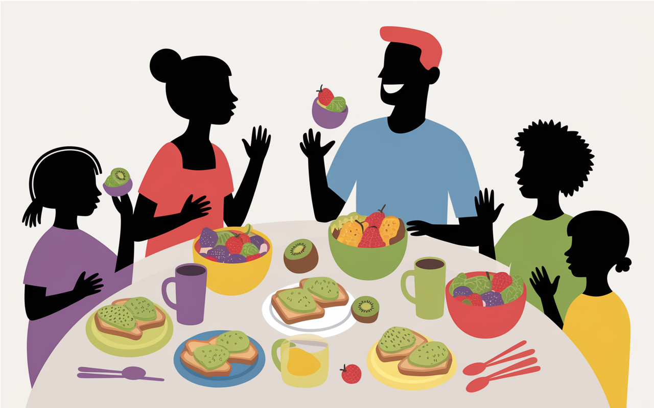 Petit-déjeuner familial sain avec avocat, bananes, kiwis et salade de fruits riches en potassium