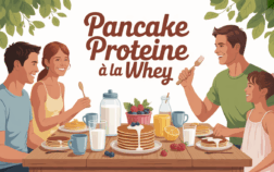 Table familiale pancakes proteines whey, fruits, ambiance matinale