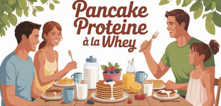 Table familiale pancakes proteines whey, fruits, ambiance matinale