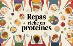Table familiale repas riche en protéines variés