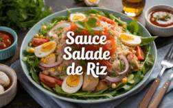 Salade de riz familiale avec sauces maison, vue de dessus