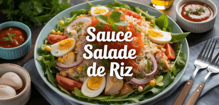 Salade de riz familiale avec sauces maison, vue de dessus