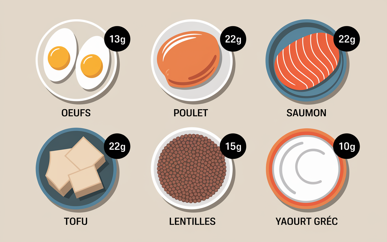 Sources de protéines diner oeufs poulet saumon tofu lentilles yaourt valeurs protéines