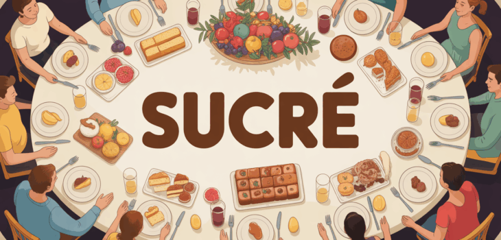 Grande table famille, aliments variés et mot sucre