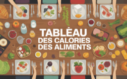 Tableau des calories des aliments sur une grande table repas