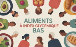 Table familiale avec aliments à index glycémique bas et plusieurs générations
