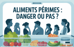 frigo ouvert aliments périmés et famille qui s'interroge