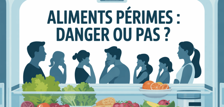 frigo ouvert aliments périmés et famille qui s'interroge
