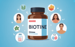 Illustration boîte de biotine avec symboles analyse cheveux ongles peau