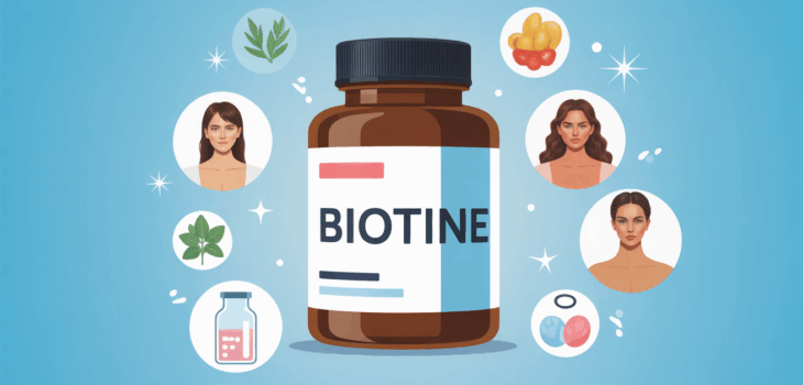 Illustration boîte de biotine avec symboles analyse cheveux ongles peau