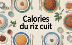 Illustration table familiale avec variétés de riz cuit et texte calories riz cuit