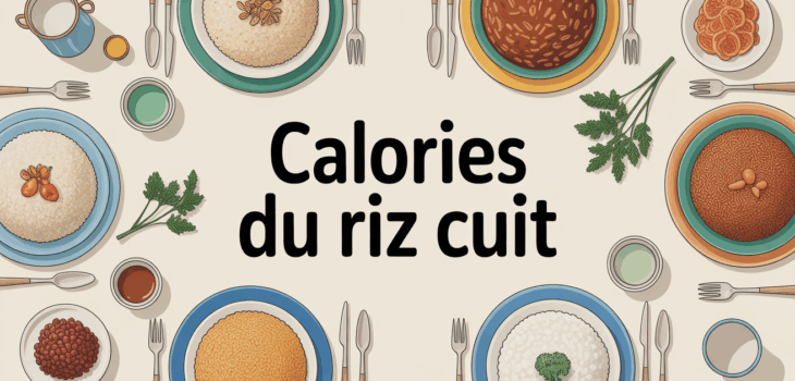 Illustration table familiale avec variétés de riz cuit et texte calories riz cuit