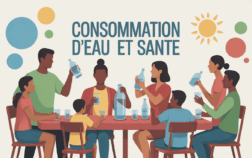 Famille autour de la table avec bouteilles d eau