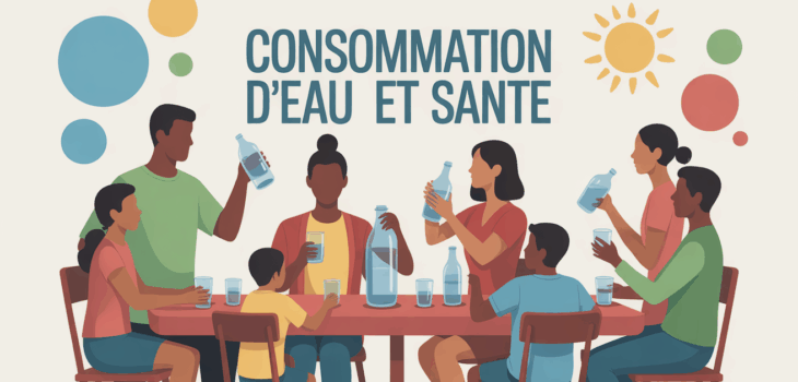Famille autour de la table avec bouteilles d eau
