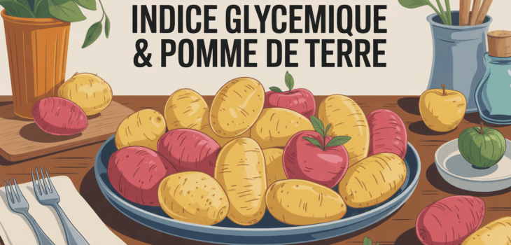 Plat varié de pommes de terre, texte Indice Glycémique & Pomme de Terre
