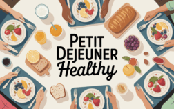 Petit dejeuner healthy sur table familiale avec bols fruits, pain complet, yaourt et noix