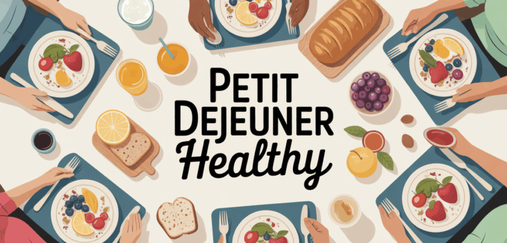 Petit dejeuner healthy sur table familiale avec bols fruits, pain complet, yaourt et noix