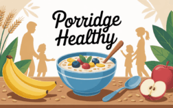 Bol de porridge healthy maison sur table, ambiance familiale matin
