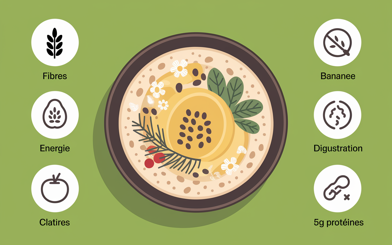 Bol porridge healthy haut, pictogrammes fibres énergie