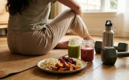 Assiette glucides sport avec riz, patate douce, smoothies, fruits