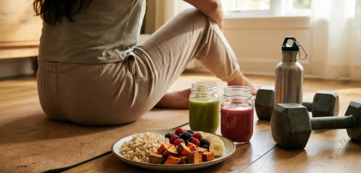 Assiette glucides sport avec riz, patate douce, smoothies, fruits