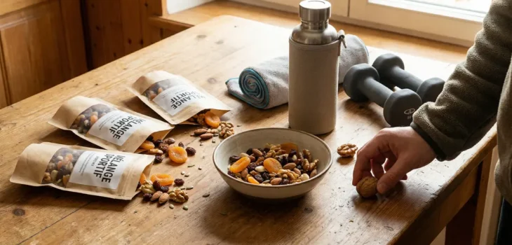 sachets fruits secs melanges sur table de sport