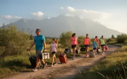 Groupe famille et amis en tenue sportive valises montagne