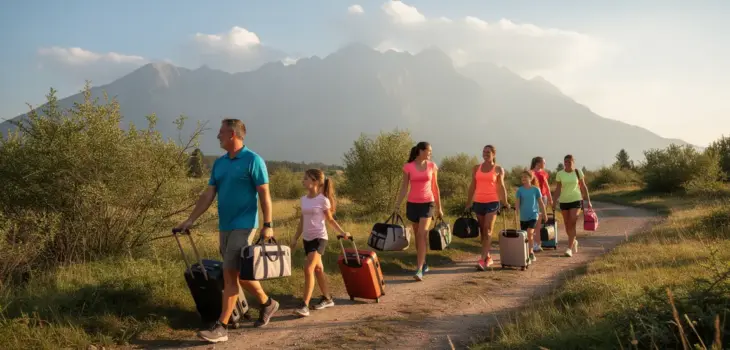 Groupe famille et amis en tenue sportive valises montagne
