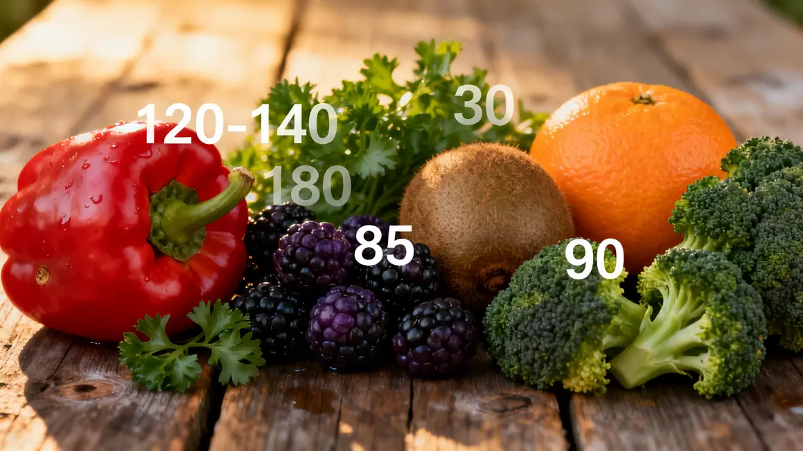 Fruits et légumes riches en vitamine C, avec quantités en surimpression
