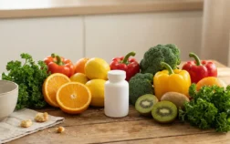 Assortiment de fruits, légumes et complément alimentaire vitamine C