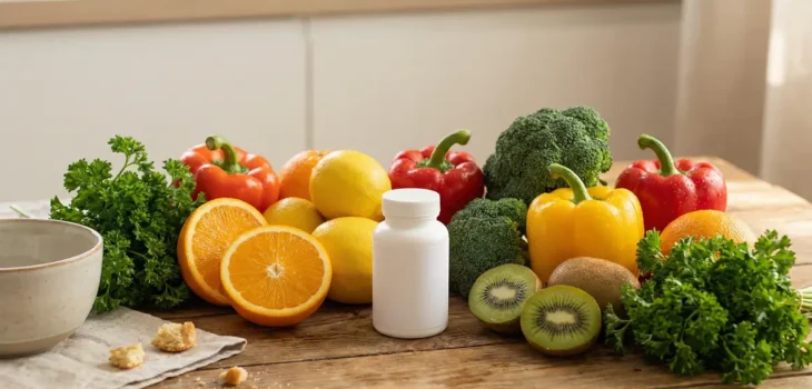 Assortiment de fruits, légumes et complément alimentaire vitamine C