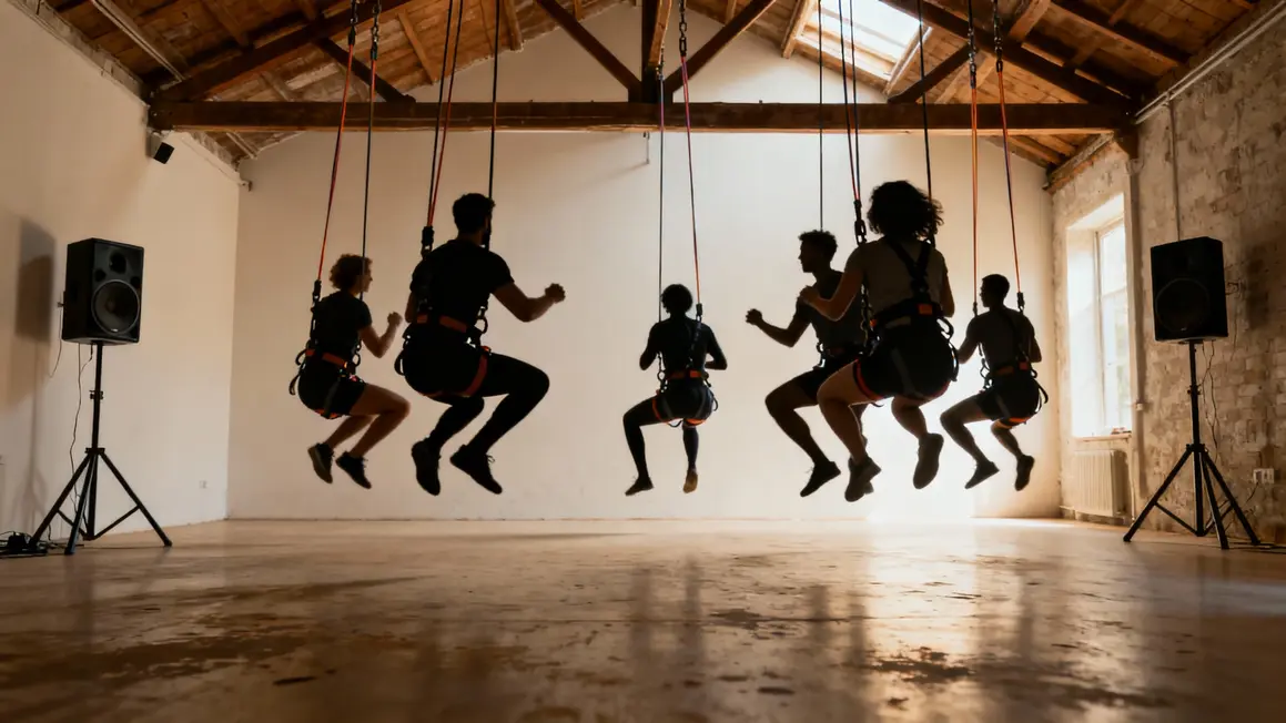 groupe bungee fitness harnais elastique squat saut