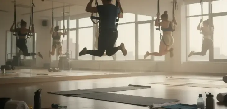 Salle claire bungee fitness harnais élastiques ambiance inclusive