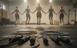 Sportifs en CrossFit sautant à la corde, plusieurs modèles