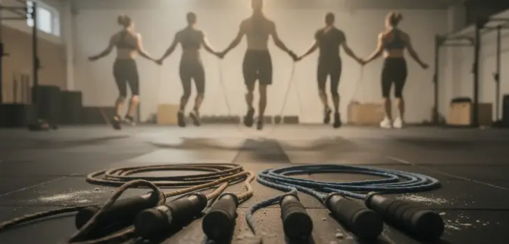 Sportifs en CrossFit sautant à la corde, plusieurs modèles