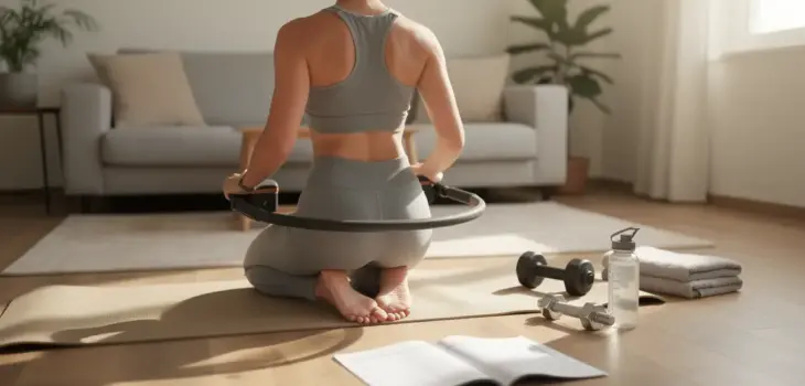 Personne utilisant un anneau Pilates chez soi avec guide PDF