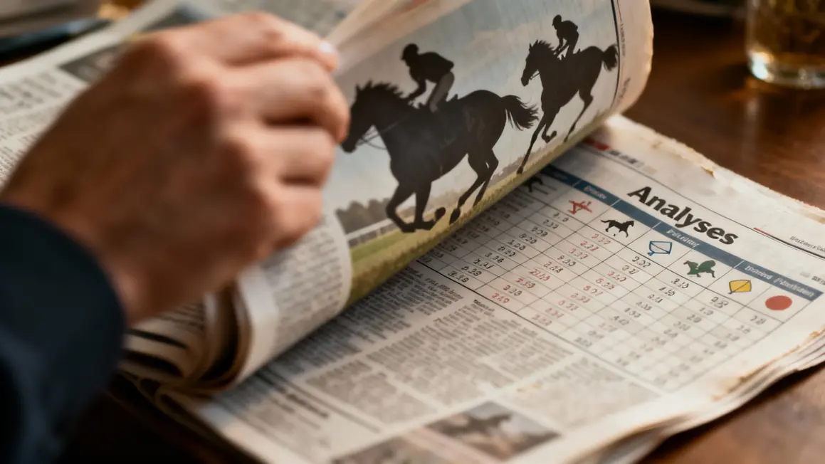 Main feuilletant Gazette des Courses avec tableau analyses et chevaux en course